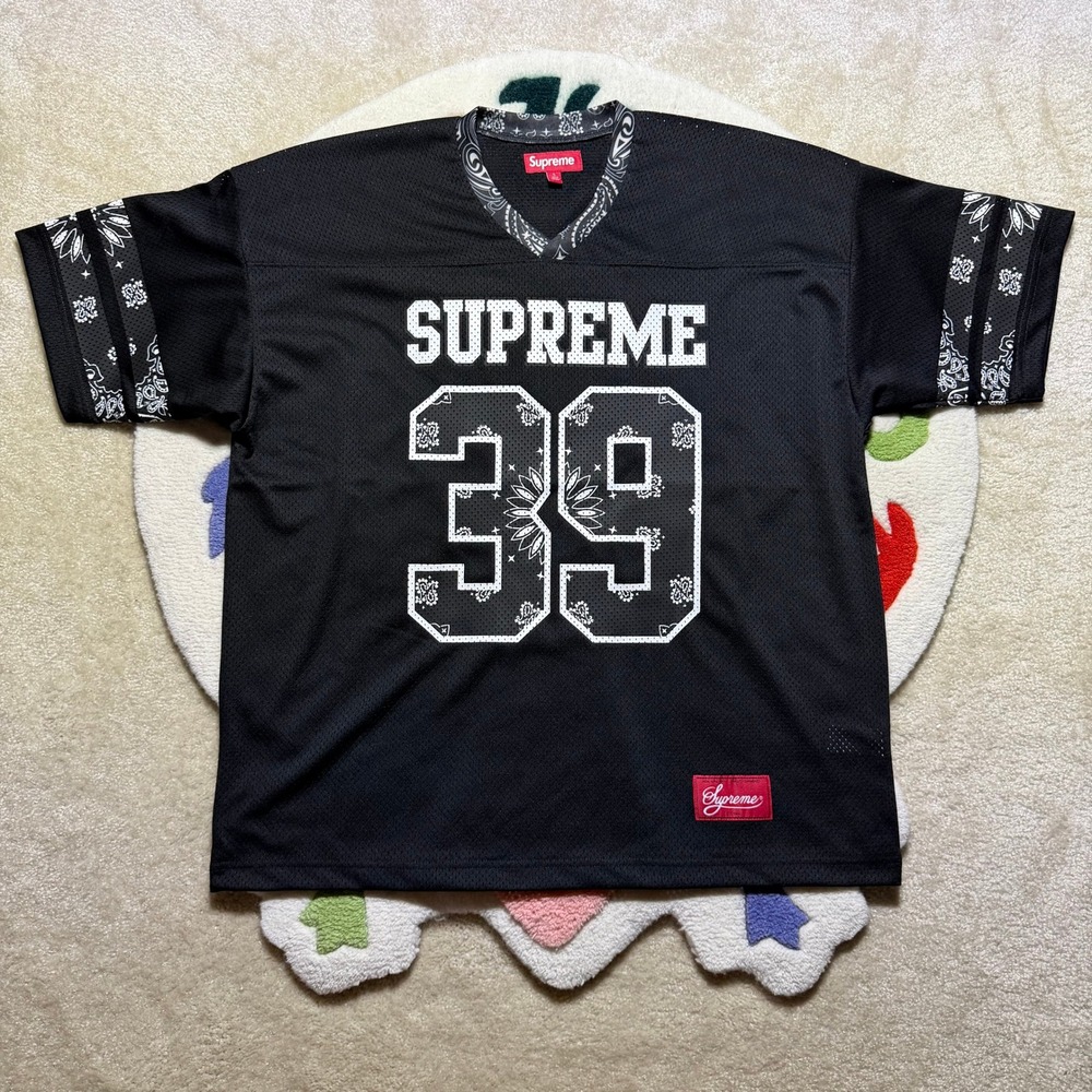 Supreme Bandana V-Neck Football Jersey Black White Paisley Mesh #39 Size Large